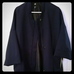 Navy-blue kimono style coat.